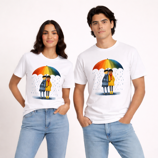 Happy couple sharing colorful umbrella in rain | Unisex Couple Cotton T-Shirt